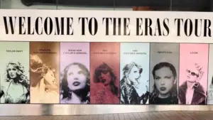 Taylor Swift's promotional banner for the Eras Tour Australia^ showcased near Universal Music Studio in Sydney. Sydney^ Australia - February 13^ 2024