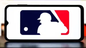Selective focus of the MLB logo. It is the premier professional baseball league in North America^ featuring top players and teams: