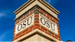 OSU Lettering on brick column on the Oklahoma State University Campus Stillwater^ OK - October 21^ 2022