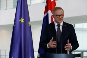 Australian Prime Minister Anthony Albanese is received with military honors by German Chancellor Olaf Scholz at the Federal Chancellery in Berlin.
