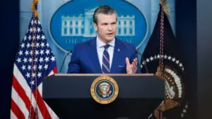 Pete Hegseth^ Defense Secretary^ speaks at a White House press briefing. WASHINGTON – January 30 2025