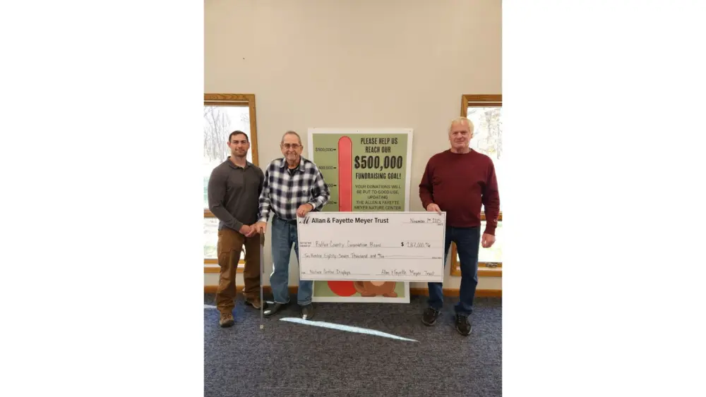 onservation-director-matt-wilken-receives-final-fundraising-check-from-meyer-trustees-wendell-abkes-nature-center