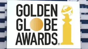 The Golden globe awards logo seen on billboard. Golden globe awards honored the best in film and American television^ as chosen by the Hollywood Foreign Press Association Jakarta - November 27^2023