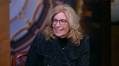 Iowa Democratic Party Chair Rita Hart on the Iowa Press set in Feb. 2025. (Iowa PBS photo)