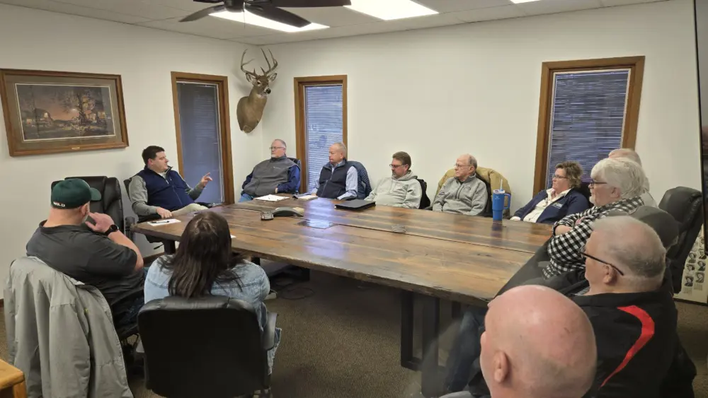 Rep. Pat Grassley (R-New Hartford; Speaker of the Iowa House) speaks to attendees at a town hall meeting held at Dumont Telephone Company Friday, January 30th. Photo credit: Roger Kregel, Dumont Telephone Company