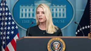 President Donald Trump holds a press conference with Attorney General Pam Bondi and Deputy Attorney General Todd Blanche on Supreme Court Victory at the White House Washington DC. 2025 June 27