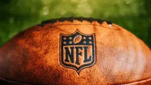 NFL logo on leather ball. Official ball of national football league. Panorama Format NEW YORK^ USA^ FEBRUARY 11^ 2023
