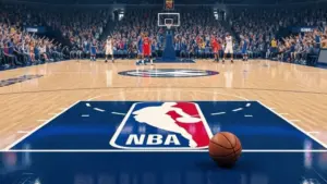 NBA BASKETBALL COURT WITH BALL (This content was generated by an Artificial Intelligence (AI) system.)