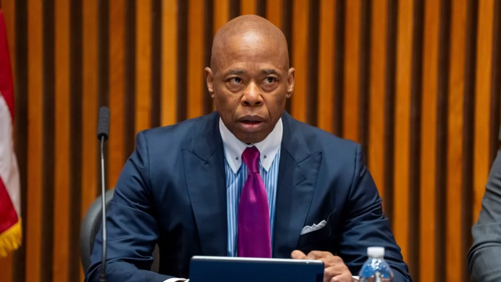 NYC Mayor Eric Adams speaks during a briefing with police brass at One Police Plaza on April 3^ 2024 in New York City.