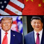 Photos of U.S. President Donald Trump and President of the People's Republic of China Xi Jinping appear on a smartphone screen. 11.04.2025. New York^ USA.