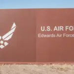 Edwards Air Force base welcome sign. LANCASTER^ CALIFORNIA^ USA - DECEMBER 17^ 2016