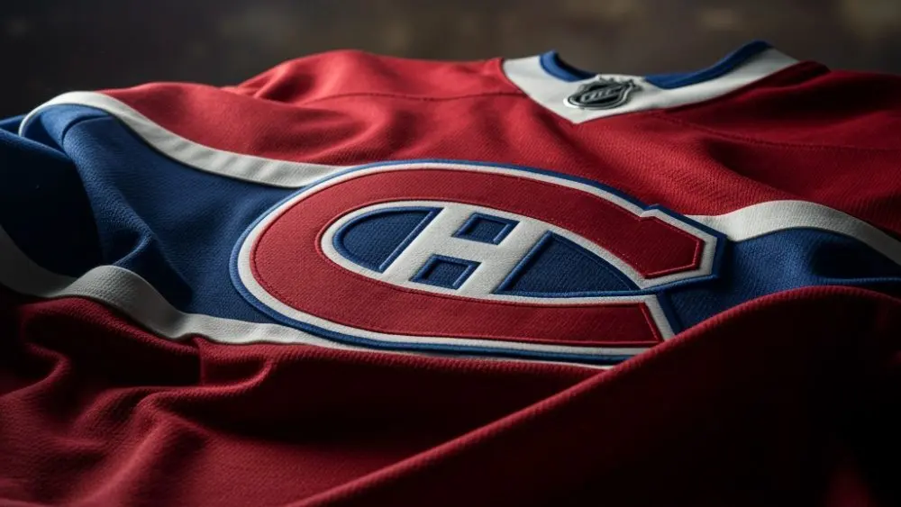 dramatic low angle Close up of Montreal Canadiens jersey^ crumpled^ dramatic lighting ((This content was generated by an Artificial Intelligence (AI) system.)