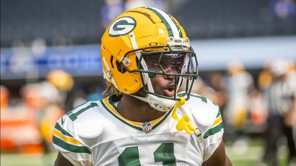 Green Bay Packers wide receiver Jayden Reed #11 warms up prior to an NFL football game against the Los Angeles Rams at SoFi Stadium^ Sunday^ Oct. 6^ 2024^ in Inglewood^ Calif.