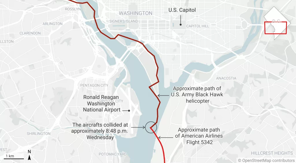 Map: See the paths of the plane and military helicopter that collided in D.C.
