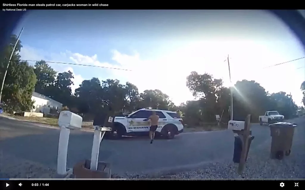 VIDEO: Shirtless Florida man steals patrol car, carjacks woman