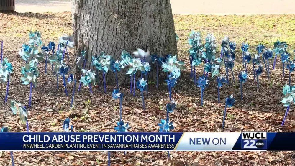 A garden of blue pinwheels for Child Abuse Prevention Month in Savannah