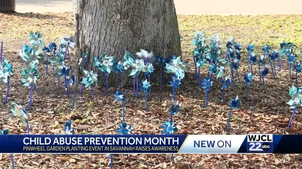 A garden of blue pinwheels for Child Abuse Prevention Month in Savannah
