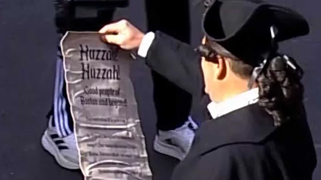 Paul Revere reenactor reads proclamation at Boston Marathon finish line