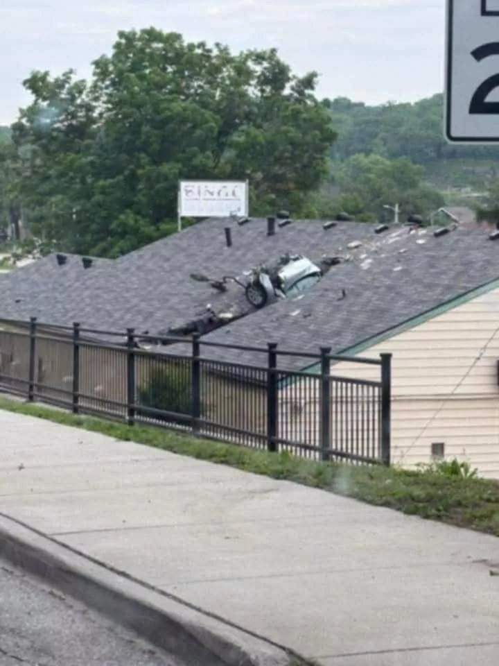 WATCH: Car goes airborne, crashes into roof of veterans hall