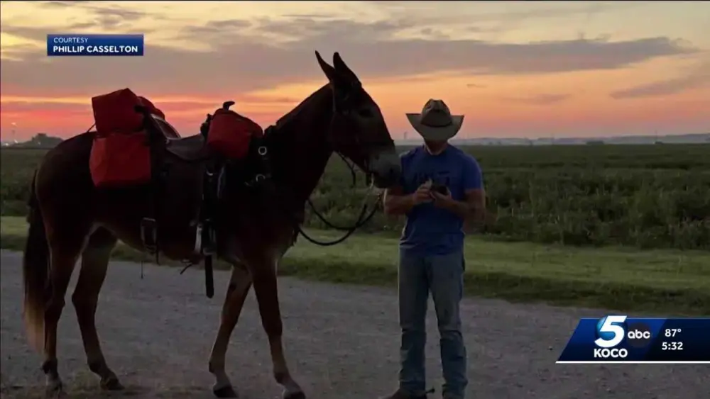 Texas man making bucket list trek through Oklahoma with trusty mule