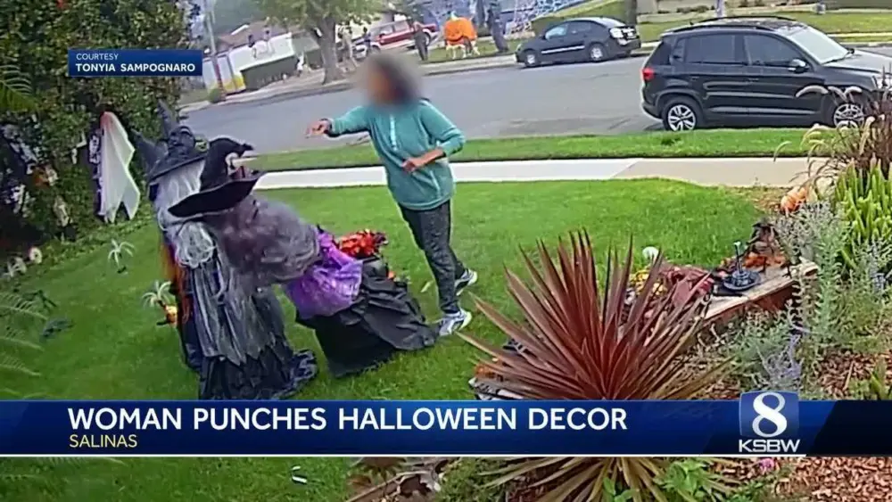 Video: Jogger repeatedly punches neighbor's Halloween witch decorations