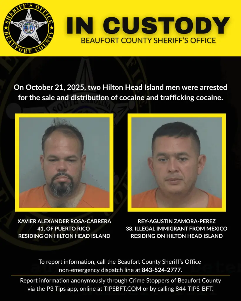Two men living on Hilton Head Island arrested for cocaine trafficking