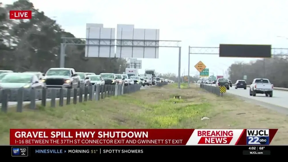 Gravel spill leads to I-16 closure, backup in Savannah