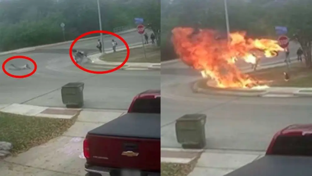 Fiery motorcycle crash caught on camera, narrowly missing children