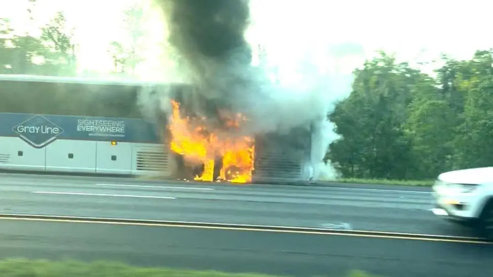 Video shows tour bus on fire on I-95 in Chatham County