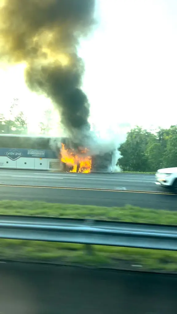 Video shows tour bus on fire on I-95 in Chatham County