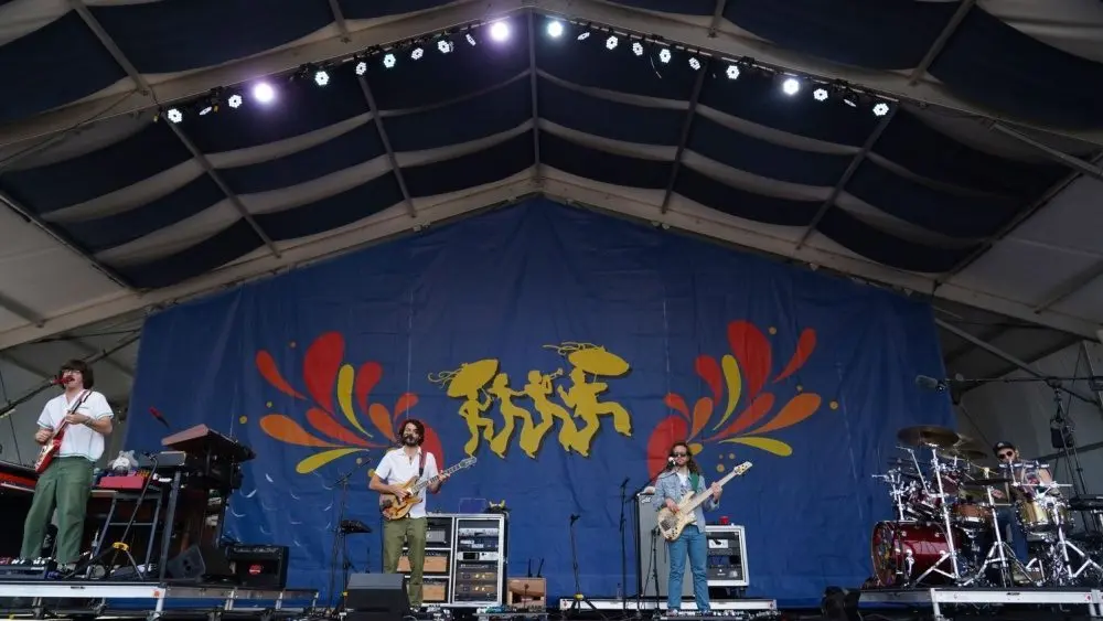 Peter Anspach^ Rick Mitarotonda^ Trevor Weeks and Cotter Ellis of the jam band Goose perform on stage at the 2025 New Orleans Jazz and Heritage Festival.
