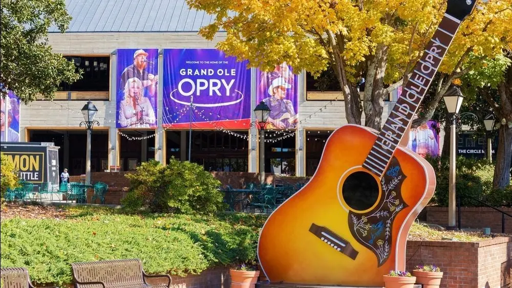 Exterior building and grounds of the Grand Ole Opry in Nashville. Nashville^ Tennessee^ USA - November 7^ 2021: Exterior building and grounds of the Grand Ole Opry in Nashville