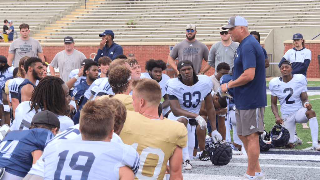 georgia-southern-football-head-coach-clay-helton-talks-with-team-after-first-fall-scrimmage-66b7ef42b5e6e702552