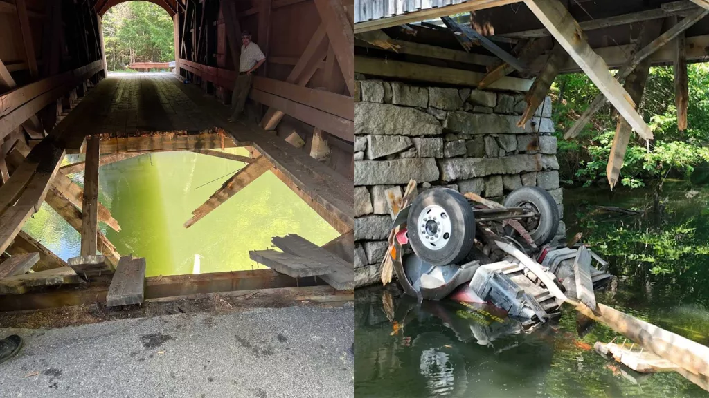 Overweight truck falls through a Maine covered bridge, leaves gaping hole