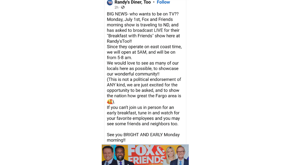 Facebook post announcing Fox and Friends