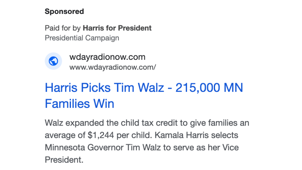 Screenshot of the Kamala Harris ad from WDAY Radio