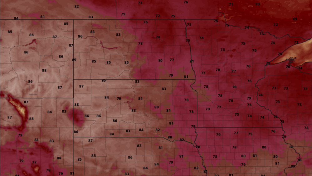 Saturday afternoon temperatures via 0z HRRR pivotal Weather