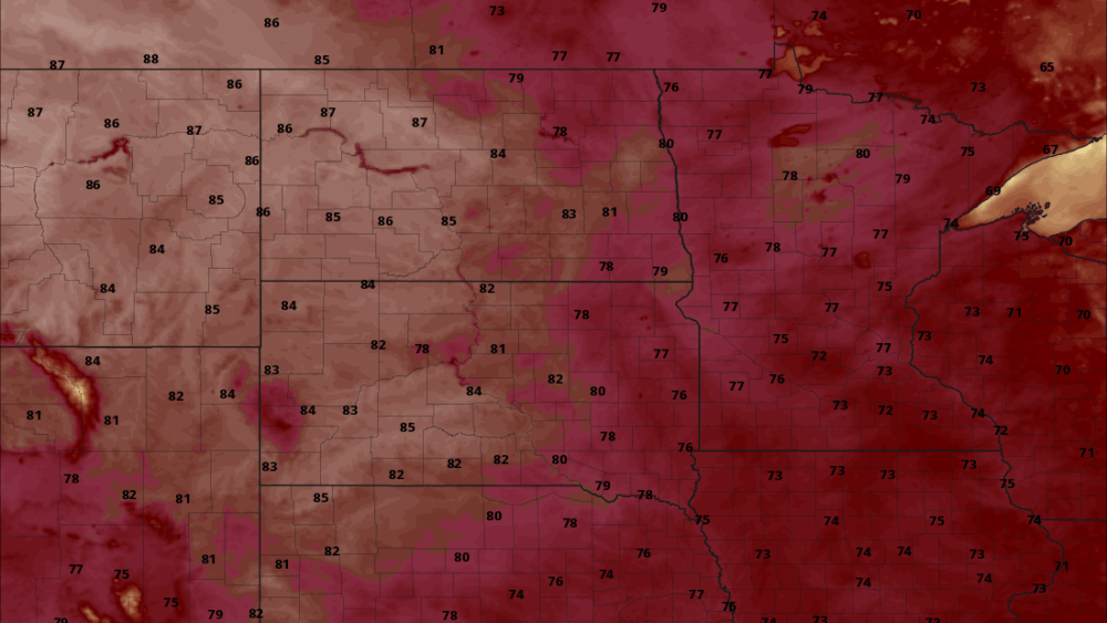 1:00 pm CT Sunday temperatures via pivotal Weather 18z HRRR