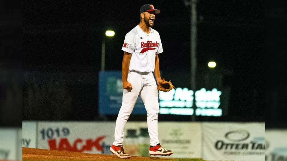 Fargo-Moorhead RedHawks pitcher Alex DuBord jumping on the pitchers mound