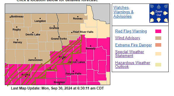 Weather advisories for Monday 9-30-24 via National Weather Service GFK