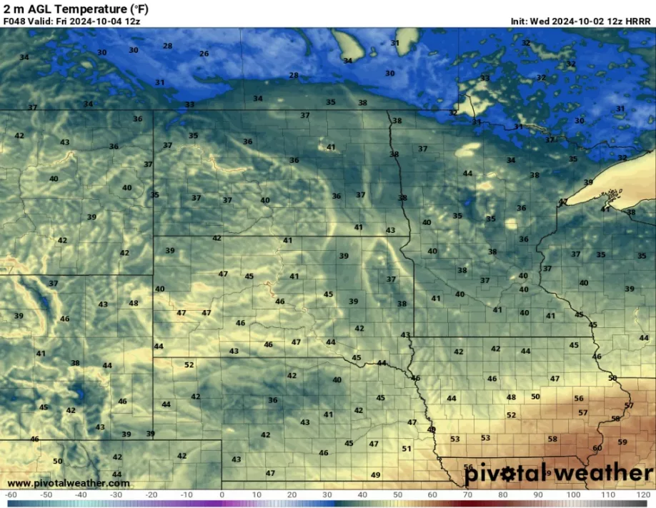 Friday morning temperatures via 12z HRRR: Pivotal Weather