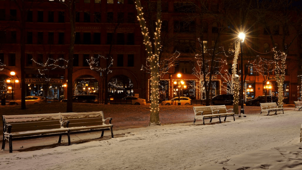 Stock Image of a snowy night in St. Paul^ MN