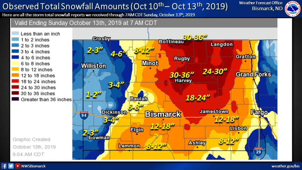 Observed Snowfall (10/10-13/2019) October Blizzard Via National Weahter Service Bismarck