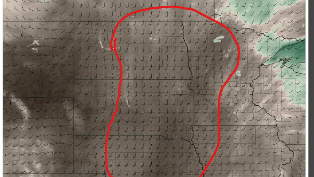 Relative humidity ^Wind speed (kts)^ and direction Wednesday via 18z HRRR Pivotal Weather