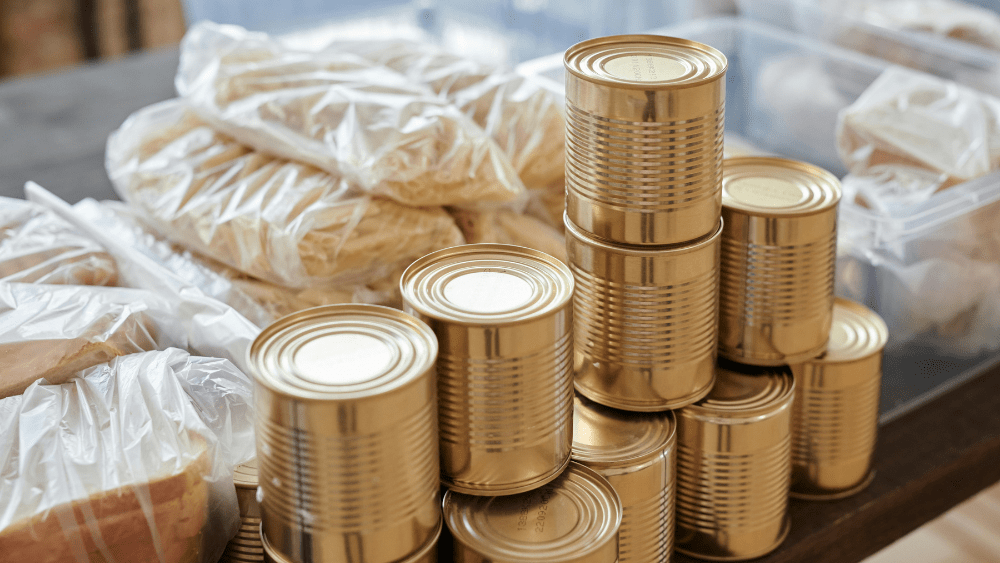 Cans of food and bags of canned food.