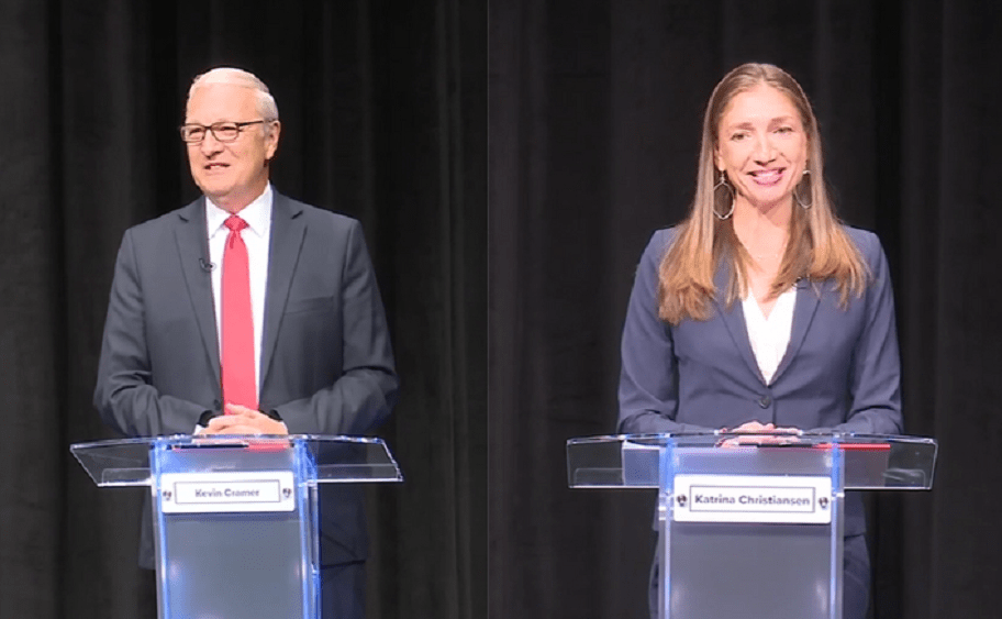 Sen. Kevin Cramer and Katrina Christensen at a debate.