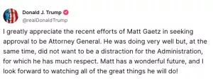 Donald Trump post on Matt Gaetz on Truth Social