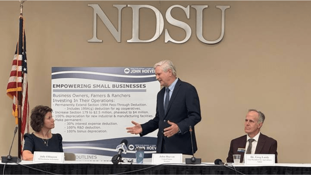 Image of John Hoeven speaking at farmers roundtable at NDSU