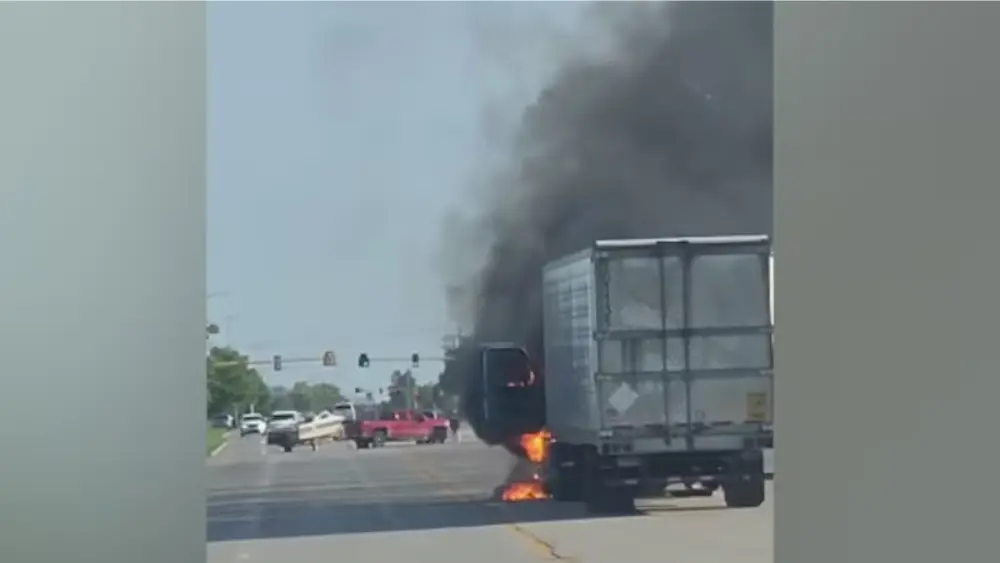 Screenshot of video obtained by Valley News Live showing the semi on fire