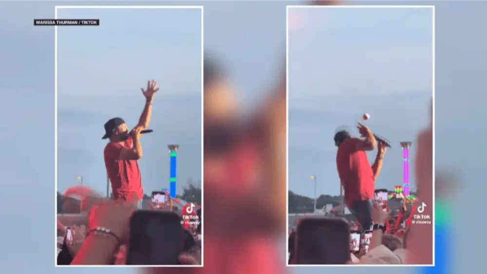 Two still shots of a viral video capturing the moment Luke Bryan turns away as he's hit in the face with some sort of object